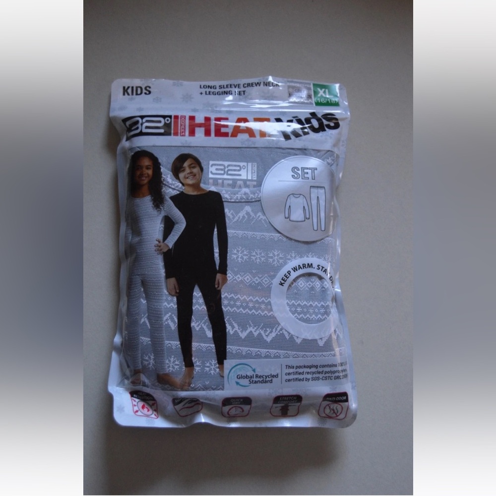 32 Degrees Heat Kids Girls Sz XL (16/18) Grey Base Layer Set